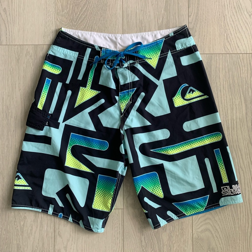 Quiksilver Surf Board Swim Shorts SZ 32 Neon 90's Retro Y2K Rare Aqua Blue Color
